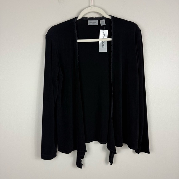 Chico's Cardigan Womens Small Tie Front Lace Trim Long Sleeve Black Top Stretch - Picture 1 of 9